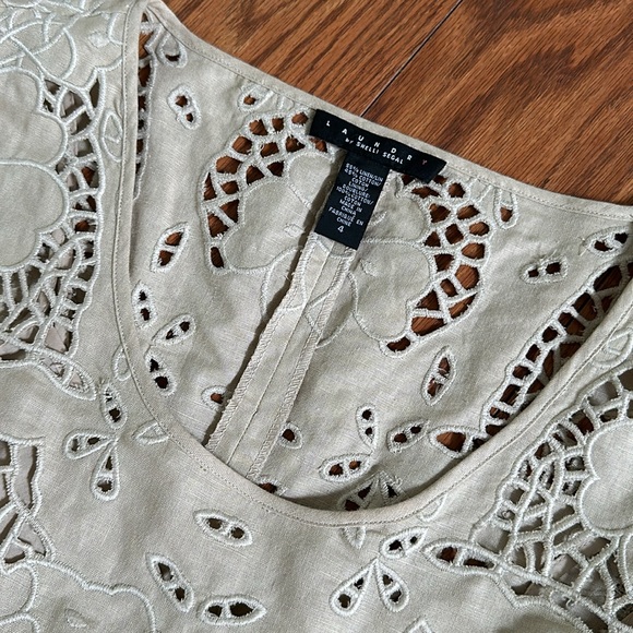 LAUNDRY Linen Embroidered Eyelet Short Sleeve Cutout Lace Mini Dress Beige 4 - Picture 4 of 9